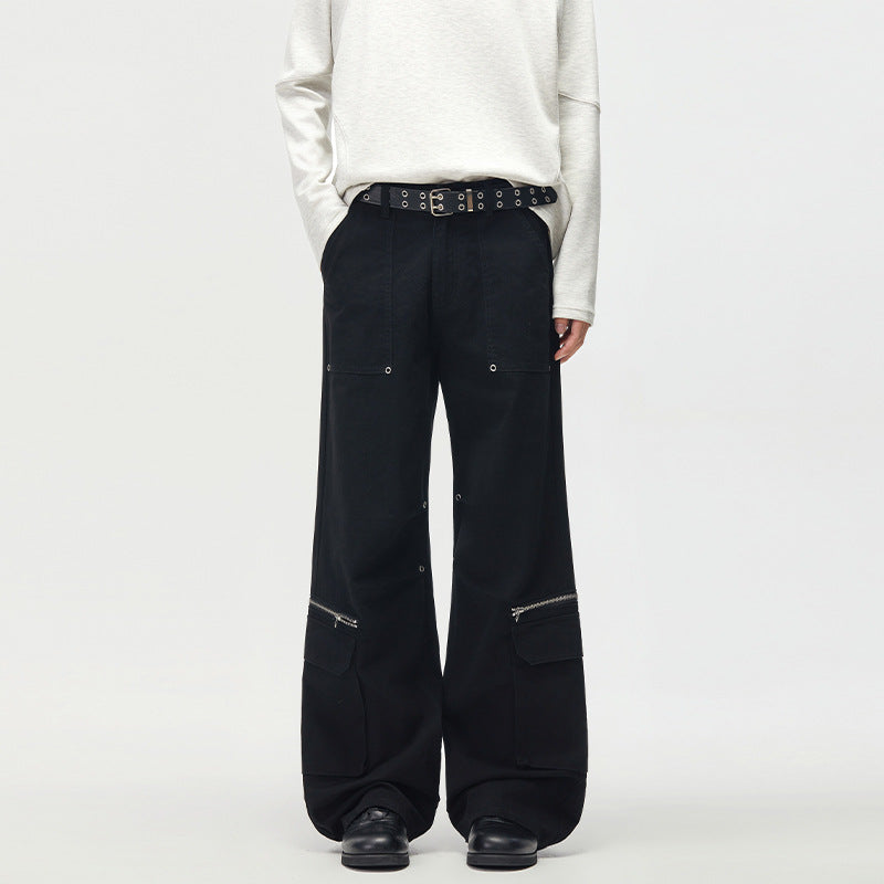 Women's Loose Cargo Palazzo Pants with Zipper and Flap Pockets Mune Fashion