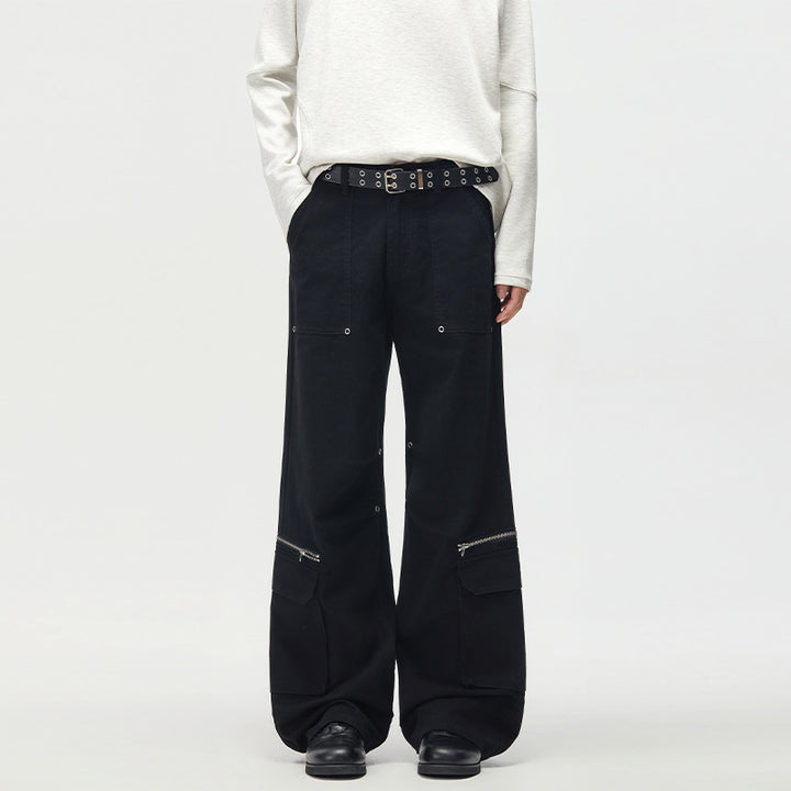 Women's Loose Cargo Palazzo Pants with Zipper and Flap Pockets Mune Fashion
