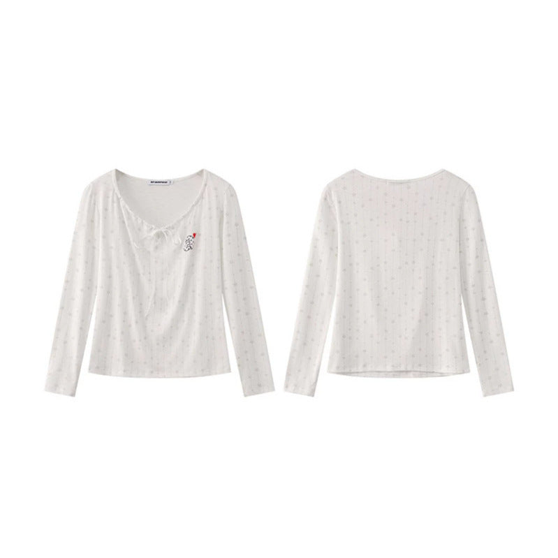 Women's long-sleeve shirt with lacing at the neckline, fine star jacquard, and heart emblem Mune Fashion