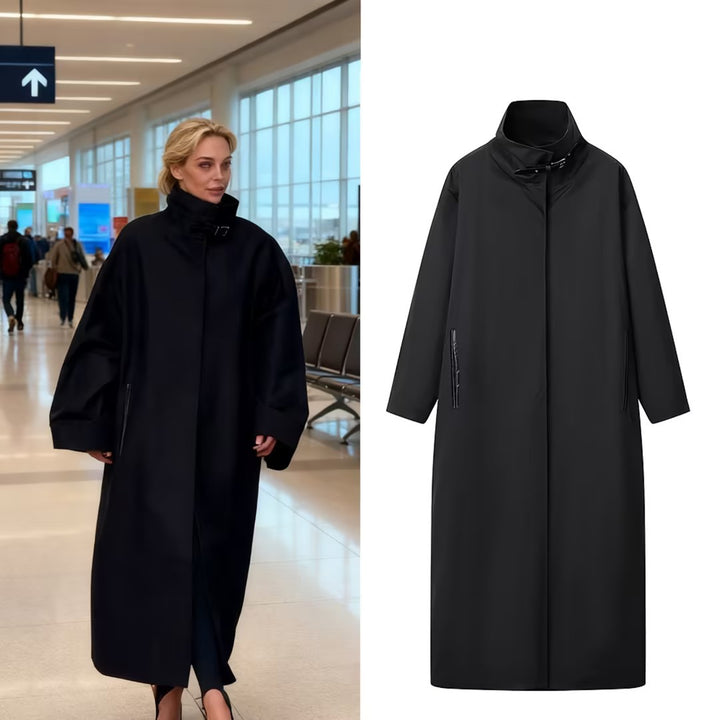 Women's Longer Minimalist Coat with High Stand-Up Collar and Concealed Front Mune Fashion