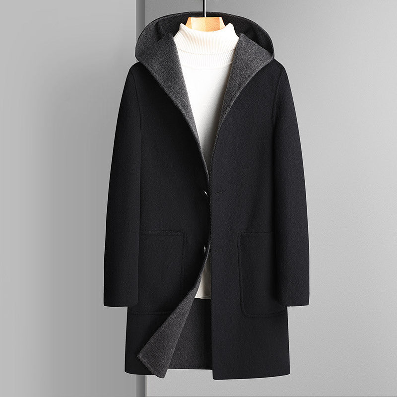 Men's knee-length wool blend coat with large hood and patch pockets Mune Fashion