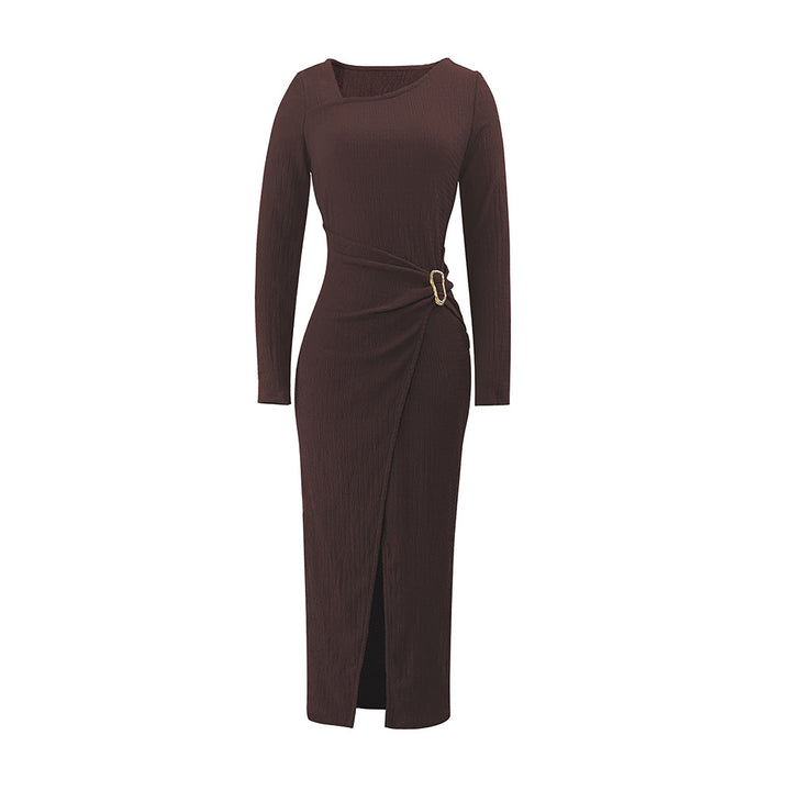 Women asymmetrical wrap midi dress with decorative belt, draping and high leg slit Mune Fashion
