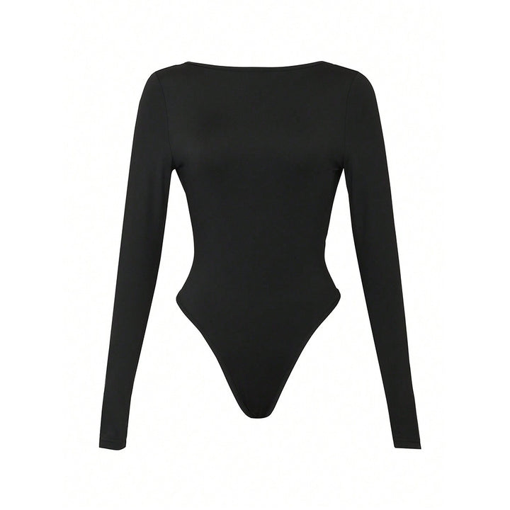 Women’s form-fitting long-sleeve bodysuit with high round neck, seamless fit, and stretchy jersey fabric.