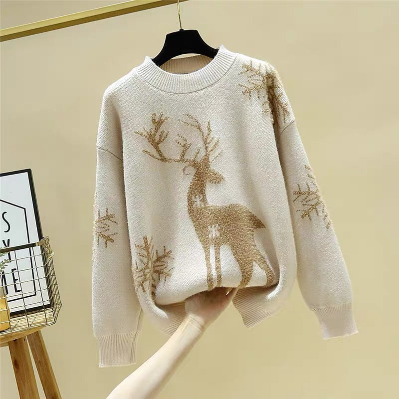 Women's Patterned Knit Sweater with Reindeer Jacquard, Round Neckline and Ribbed Hem Mune Fashion