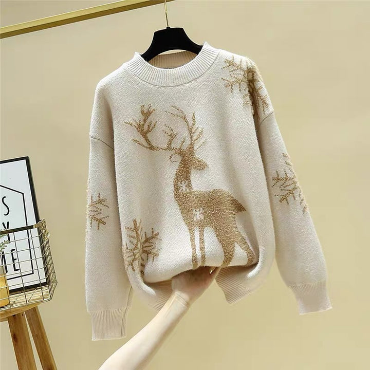 Women's Patterned Knit Sweater with Reindeer Jacquard, Round Neckline and Ribbed Hem Mune Fashion