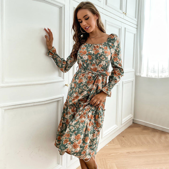 Women's midi dress with square neckline, puff sleeves, and waist lacing Mune Fashion