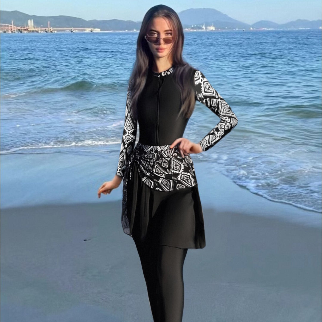 Women's Fashionable Swimsuit with Zip and Asymmetrical Skirt Mune Fashion