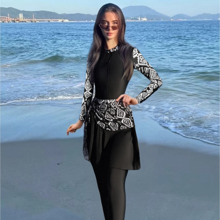 Women's Fashionable Swimsuit with Zip and Asymmetrical Skirt Mune Fashion