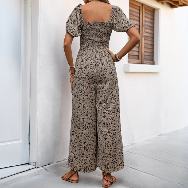 Women's Floral Smocked Jumpsuit with Square Neckline, Puff Sleeves, and Wide Leg Cut Mune Fashion
