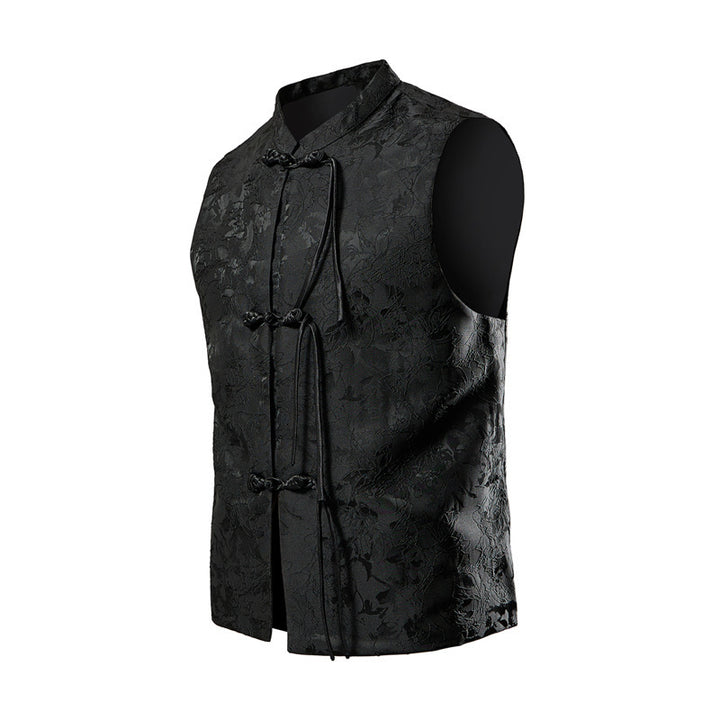Men's sleeveless Chinese-inspired vest with stand-up collar, jacquard pattern, and knot closures Mune Fashion
