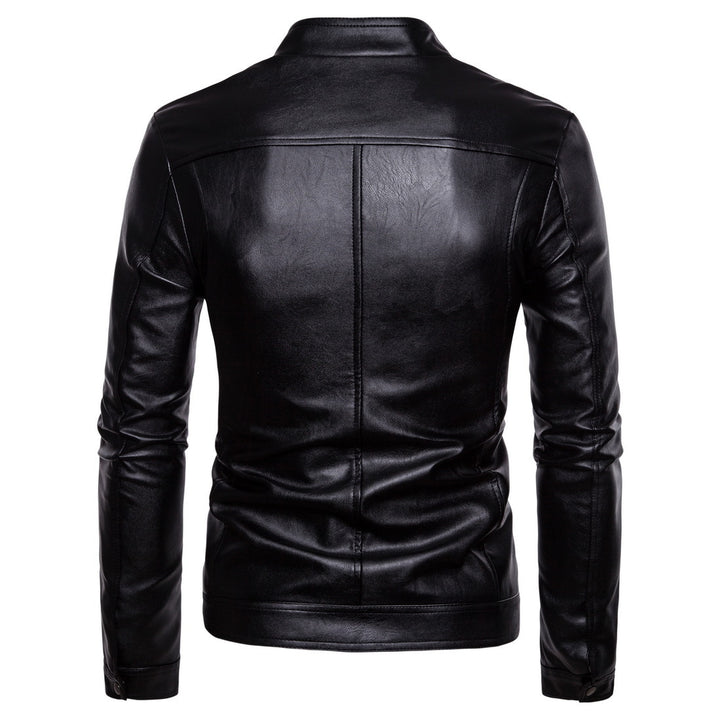Men's Slim-Fit Biker-Inspired Faux Leather Jacket with Stand Collar and Minimalist Stitching Mune Fashion