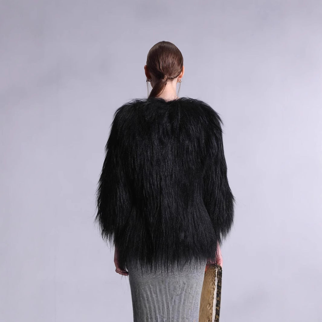 Women Long-Pile Faux Fur Coat with Open Front and Elegant Silhouette Mune Fashion
