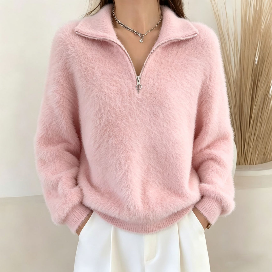 Women's Fluffy Half-Zip Sweater with Stand-Up Collar Mune Fashion