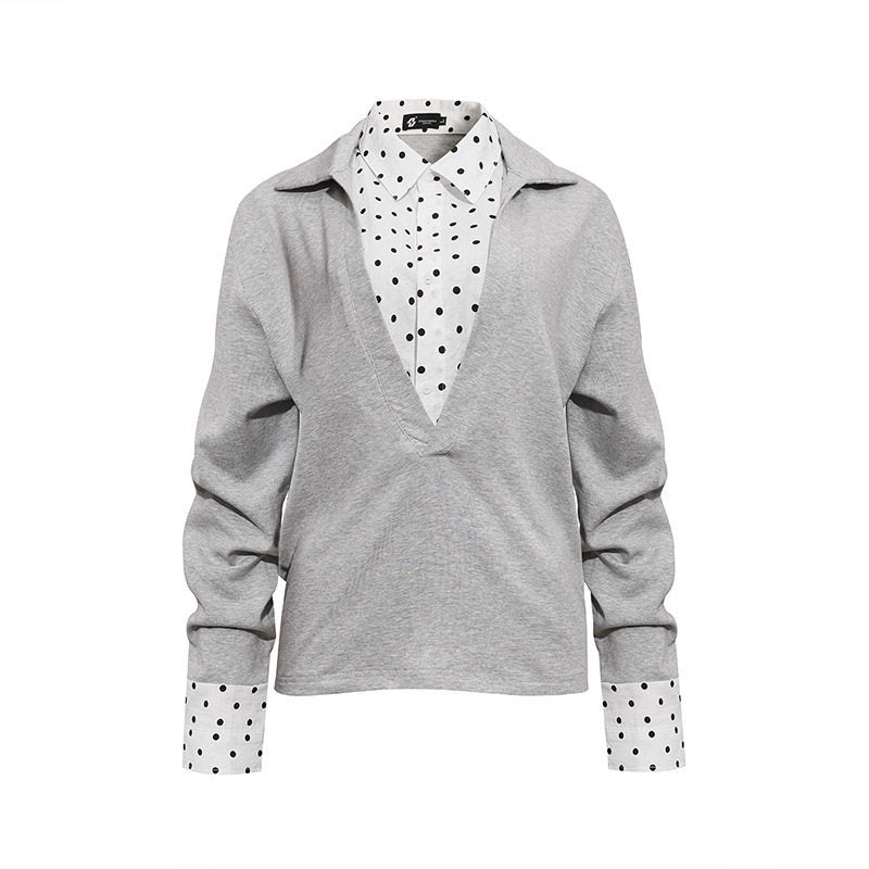 Women Layered Long Sleeve Shirt with Deep V-Neck, Attached Placket and Polka Dot Details Mune Fashion