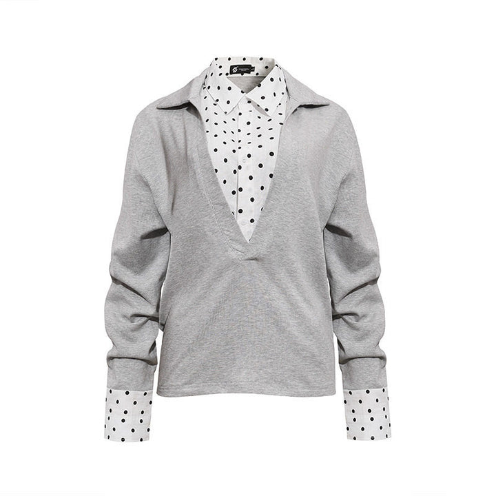 Women Layered Long Sleeve Shirt with Deep V-Neck, Attached Placket and Polka Dot Details Mune Fashion