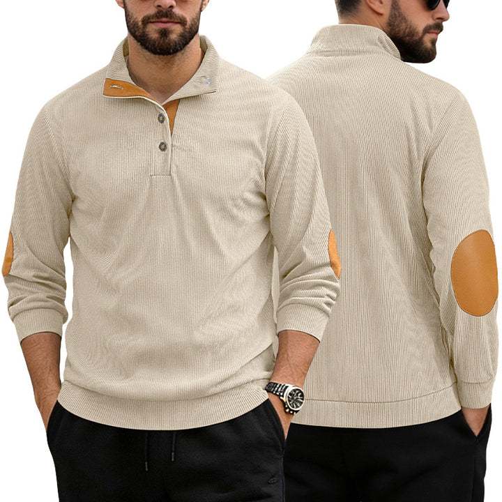 Men's casual structured sweater with polo collar, short button placket and vegan leather trims Mune Fashion