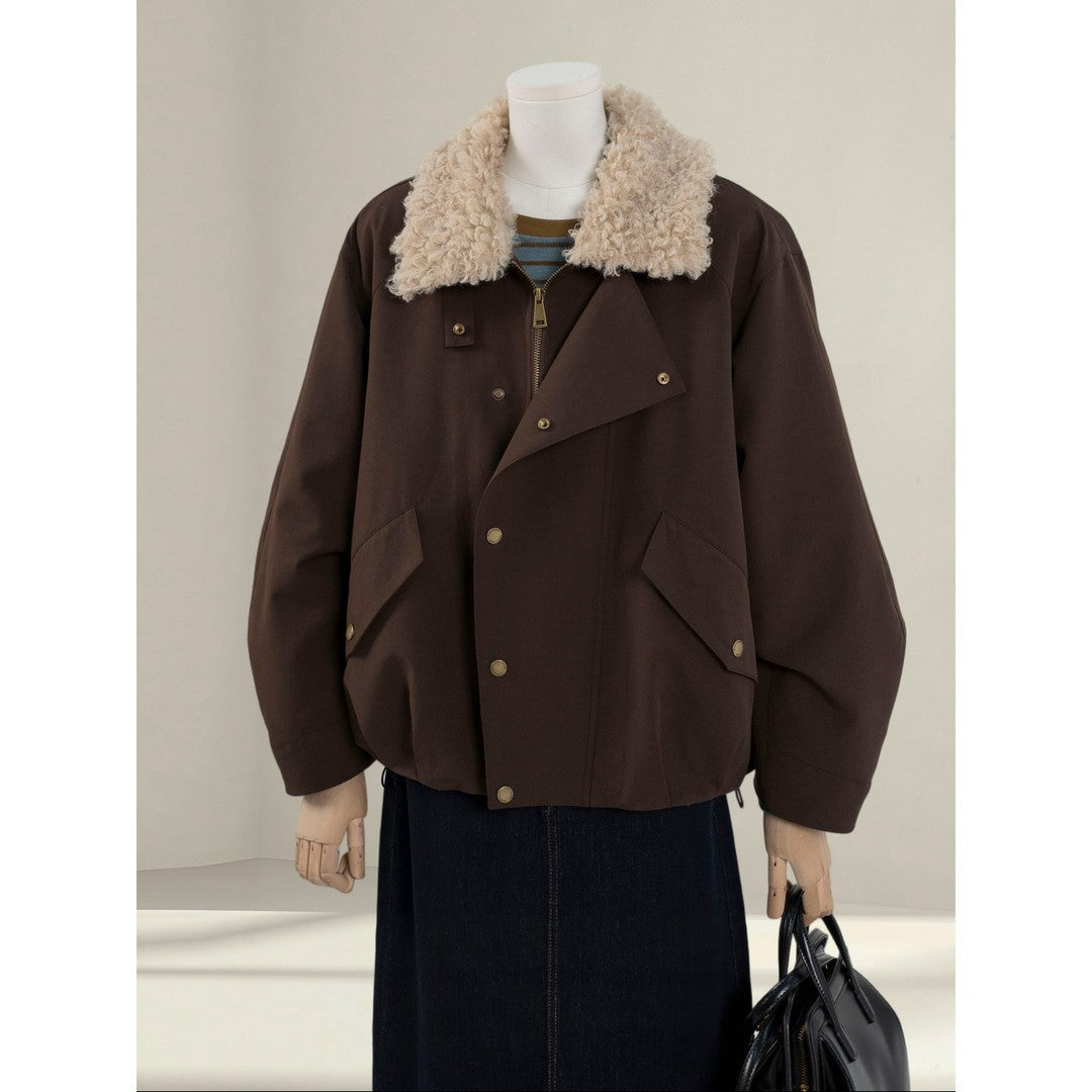 Women Short Oversized Bomber Jacket with Teddy Collar and Snap Button Details Mune Fashion