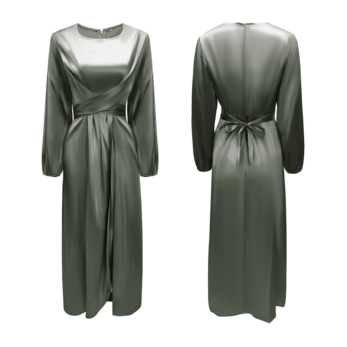 Ladies Elegant Maxi Dress in Satin with Wrap Detail, Long Sleeve and Waistband Mune Fashion