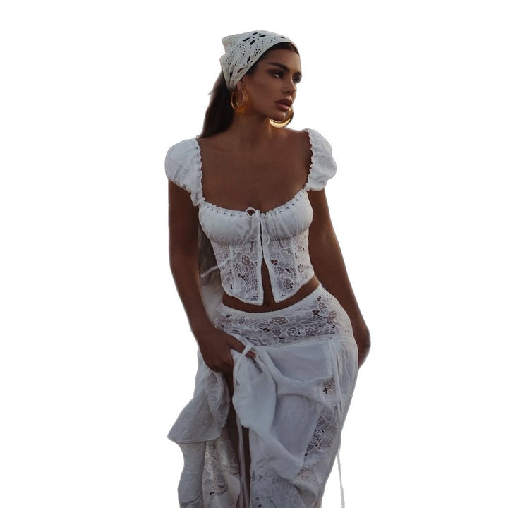 Women Lace Crop Top with Puff Sleeves Mune Fashion