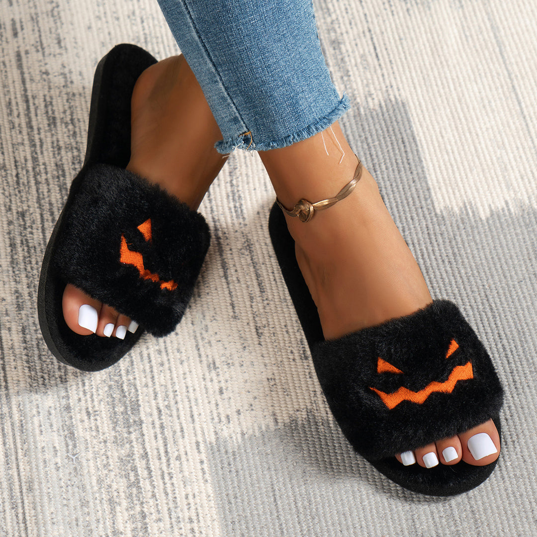 Ladies fluffy house slippers with embroidered pumpkin face and non-slip sole Mune Fashion