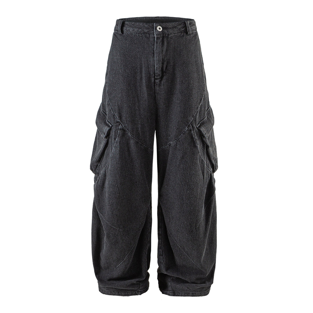 Women Wide Cargo Jeans Pants with High Waist, Distinctive Partial Seams and Decorative Pockets Mune Fashion
