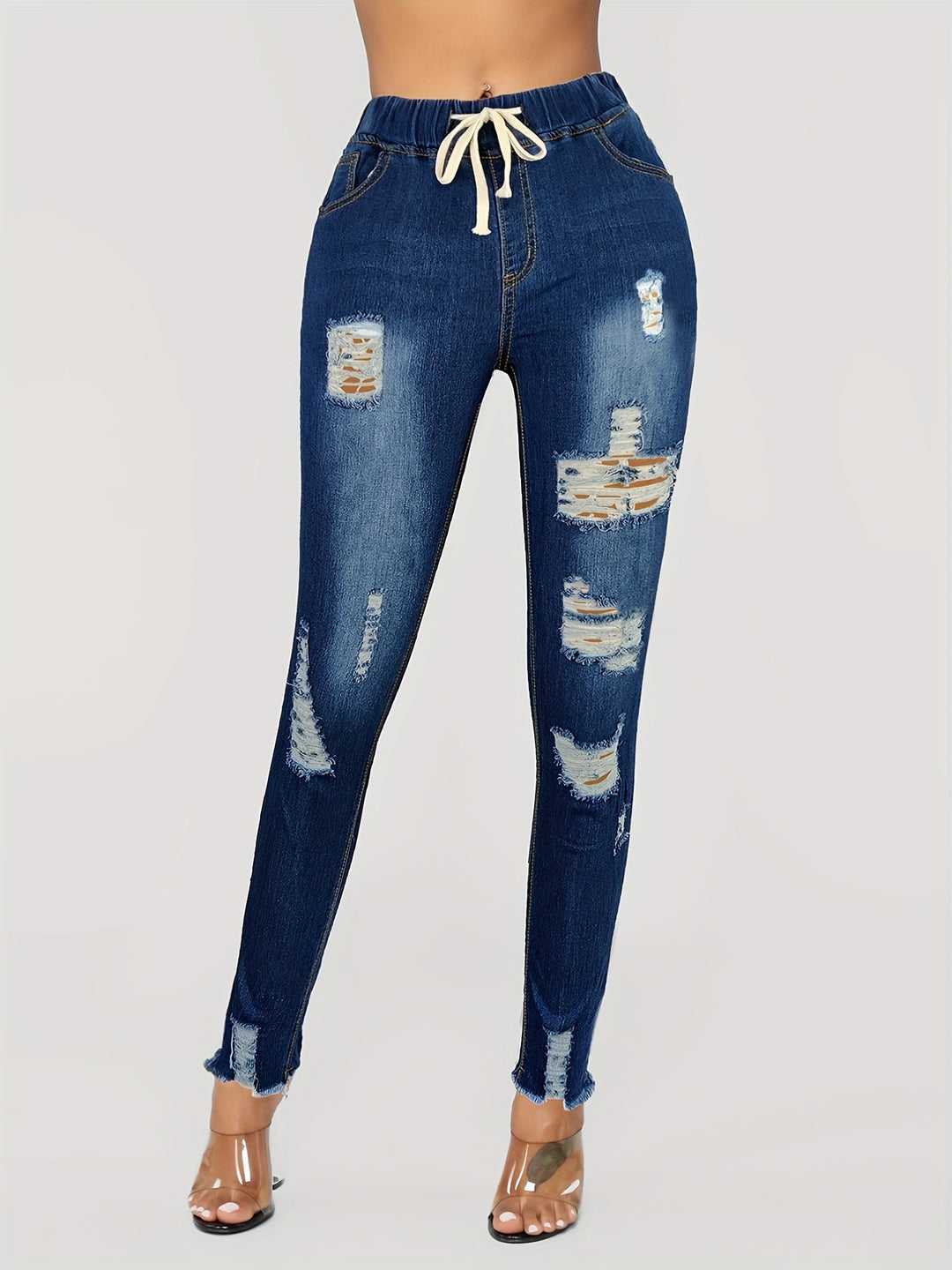 Women's Distressed High-Waist Jogger Jeans with Elastic Waistband, Drawstring and Frayed Ankle Hems Mune Fashion