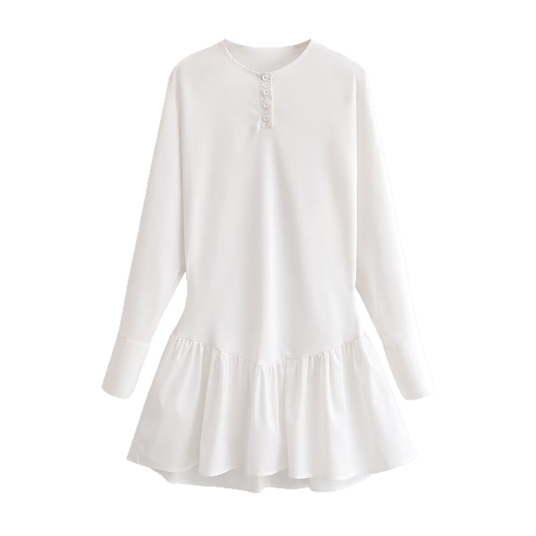 Women Loose Long Sleeve Tunic Dress with Henley Button Placket and Tiered Skirt Mune Fashion