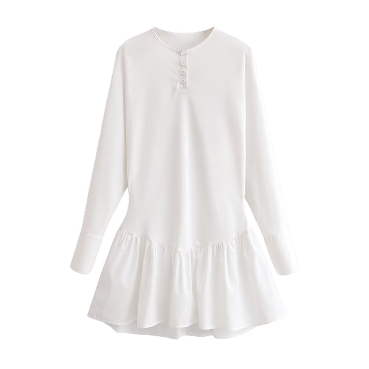 Women Loose Long Sleeve Tunic Dress with Henley Button Placket and Tiered Skirt Mune Fashion