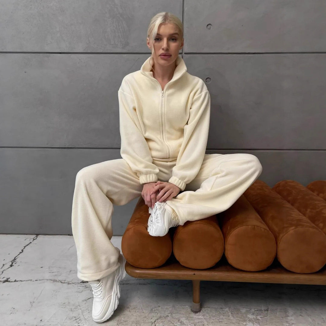 Women Comfortable Fleece Loungewear Set with Short Zip Top and Wide High Waist Pants Mune Fashion