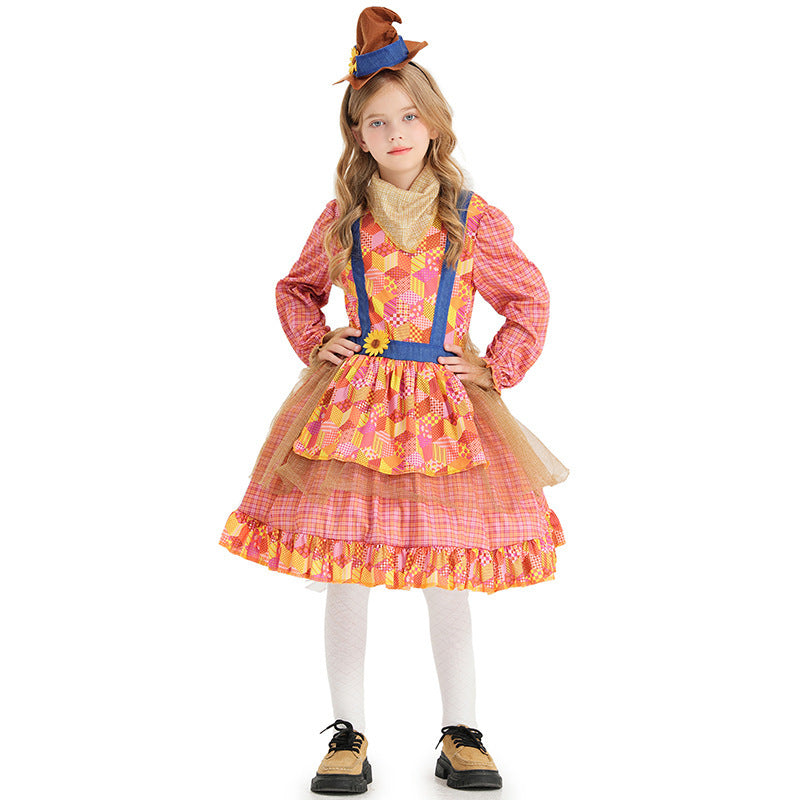 Girl Scarecrow Costume with Colorful Checkered Pattern and Stiff Hat Mune Fashion