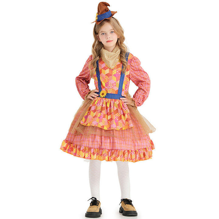 Girl Scarecrow Costume with Colorful Checkered Pattern and Stiff Hat Mune Fashion