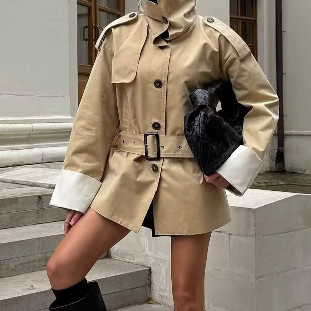 Women's Short Trench Coat with Waist Belt, Stand Collar and Contrast Cuffs Mune Fashion