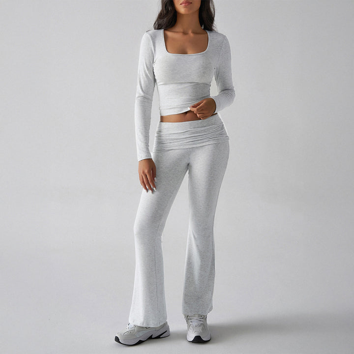Women's figure-hugging cropped set with long-sleeve top with square neckline and flared high-waist yoga pants Mune Fashion