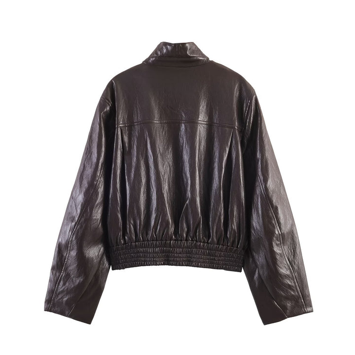 Women's Oversized Bomber Jacket in Leather Look with High Stand Collar and Gathered Waistband Mune Fashion