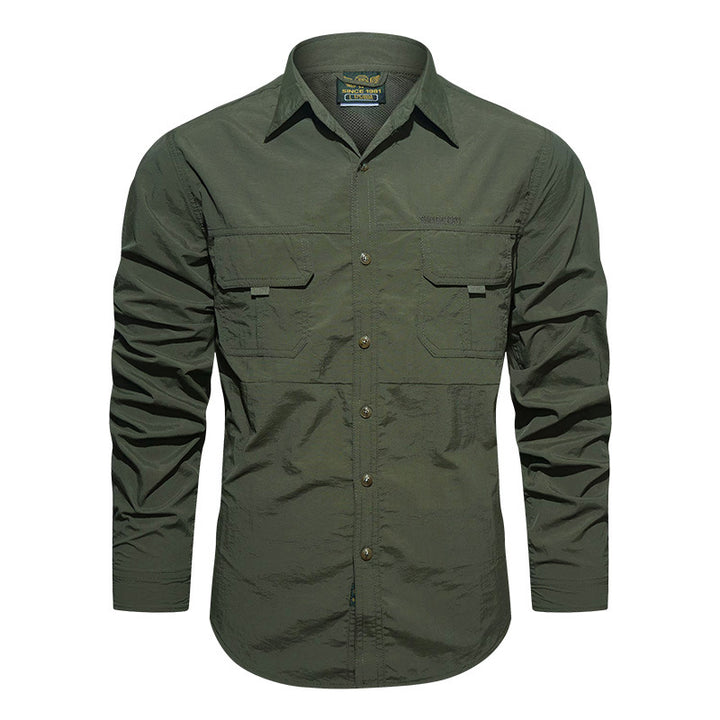 Men's lightweight functional long-sleeve utility shirt with patch chest pockets and breathable nylon blend.