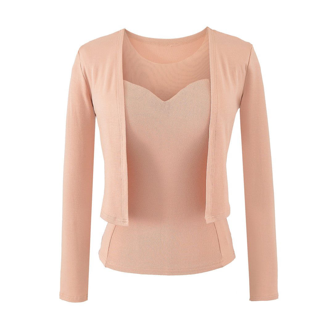 Ladies Two-Piece Fine Knit Top Set with Mesh Insert and Open Cardigan Mune Fashion