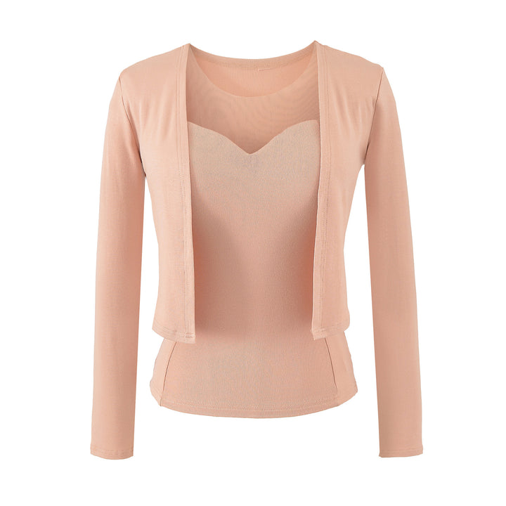 Ladies Two-Piece Fine Knit Top Set with Mesh Insert and Open Cardigan Mune Fashion