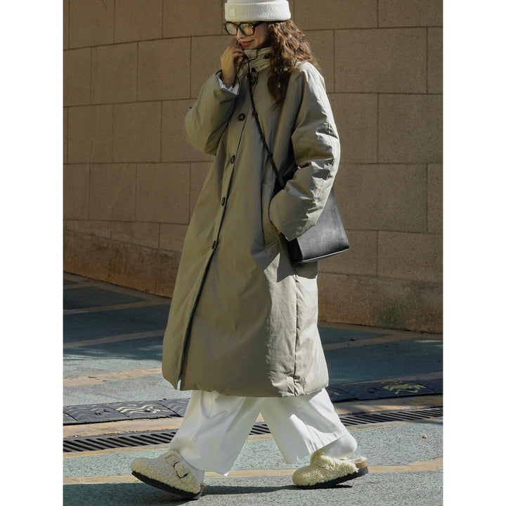 Women's Quilted Long Coat with Stand Collar, Button Placket and Loose Fit Mune Fashion