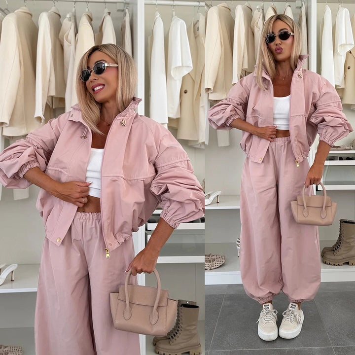 Women Lightweight Nylon Set with Oversized Bomber Jacket and Elastic Jogging Pants Mune Fashion