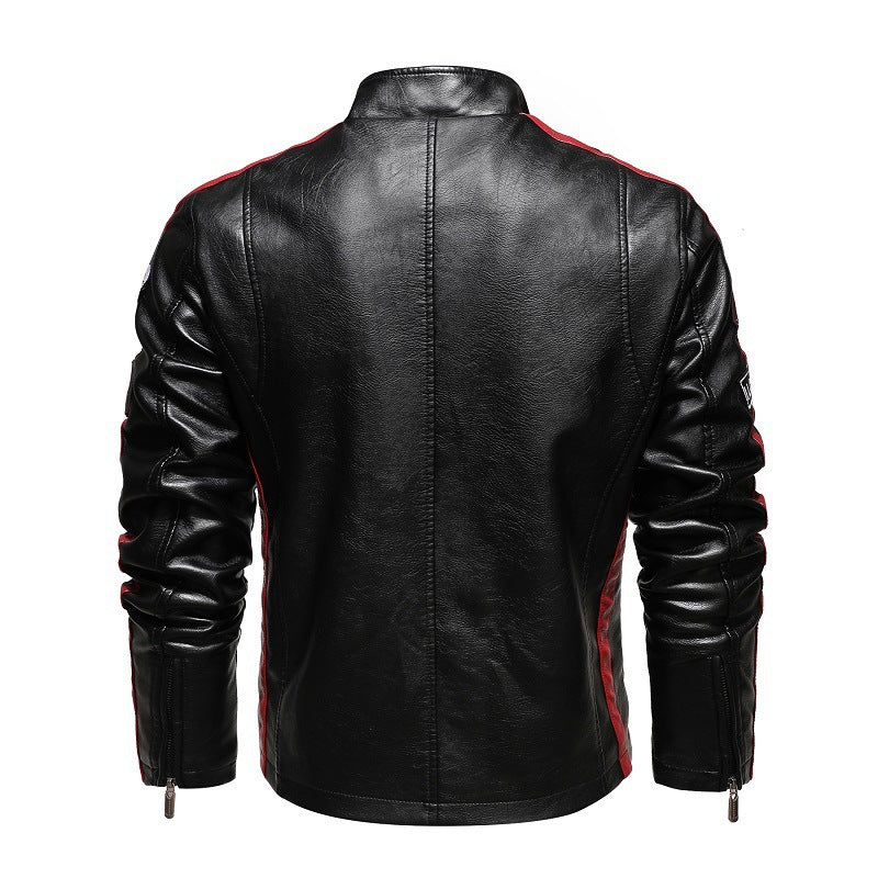 Men's Racing-Style Faux Leather Jacket with Patches, Contrast Stripes and Stand-Up Collar Mune Fashion