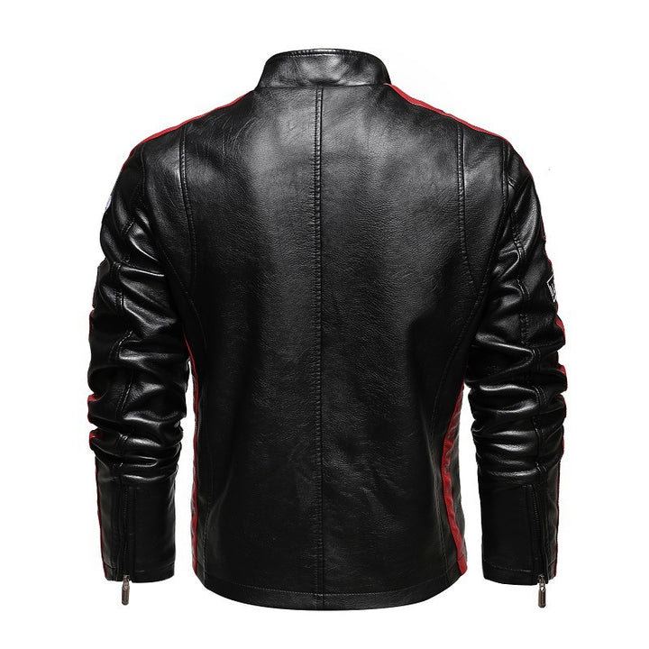 Men's Racing-Style Faux Leather Jacket with Patches, Contrast Stripes and Stand-Up Collar Mune Fashion