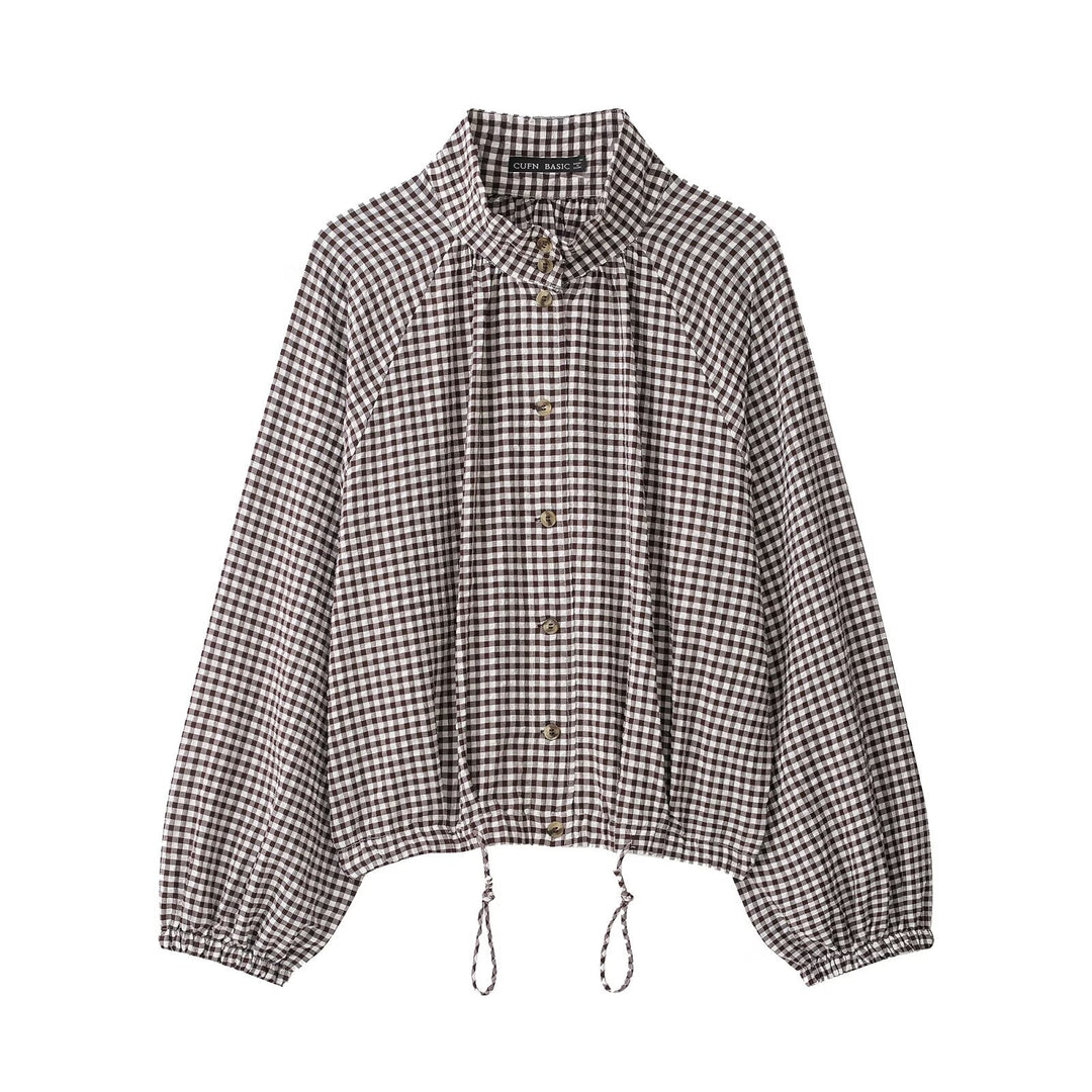 Ladies Checked Blouse with Stand Collar, Raglan Sleeves and Drawstring Hem Mune Fashion
