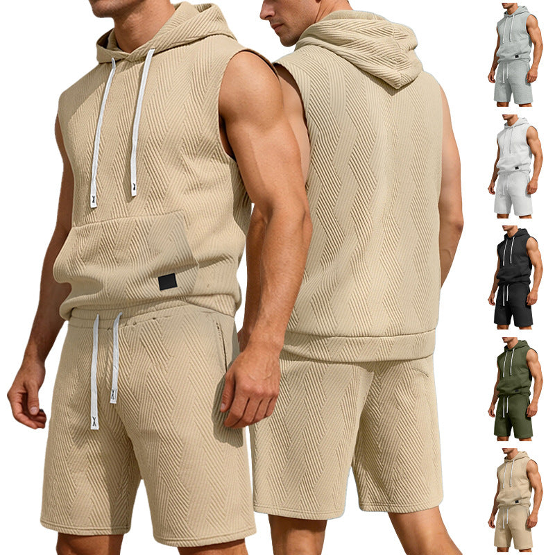 Men's sleeveless hoodie lounge set made of textured cotton blend with kangaroo pocket and elastic leisure pants Mune Fashion