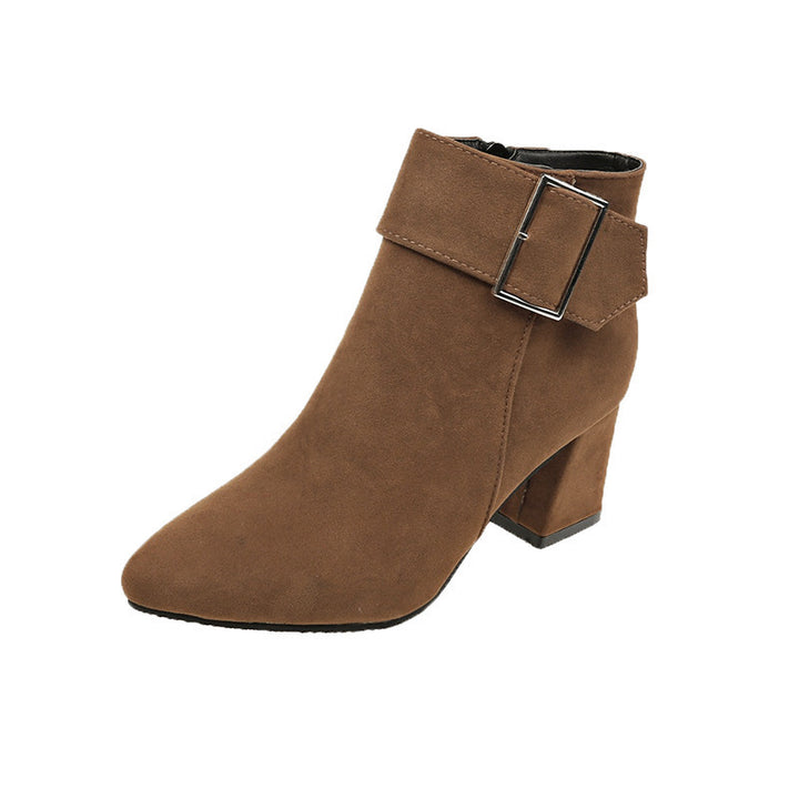 Women's elegant suede look ankle boot with mid-high block heel and wide buckle strap Mune Fashion