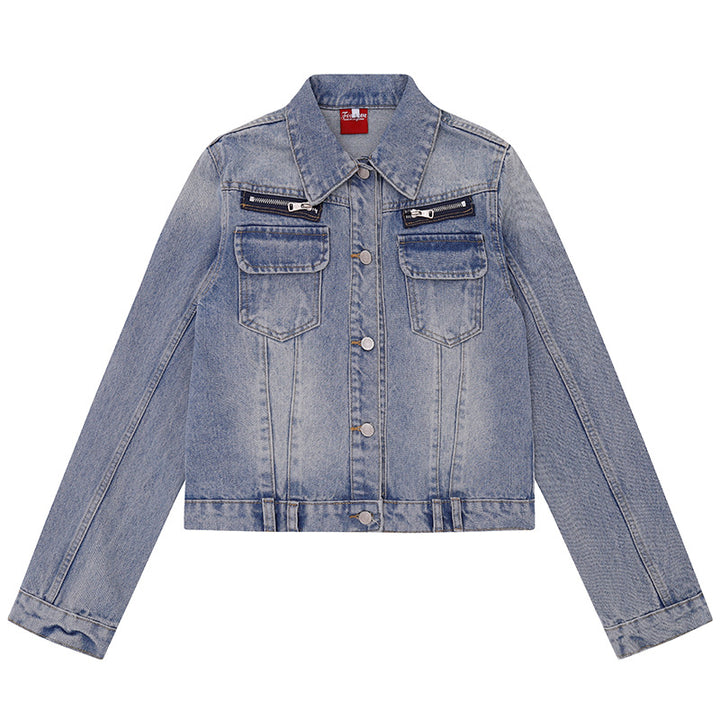 Women's short vintage denim jacket with chest pockets, zipper detail and button placket Mune Fashion