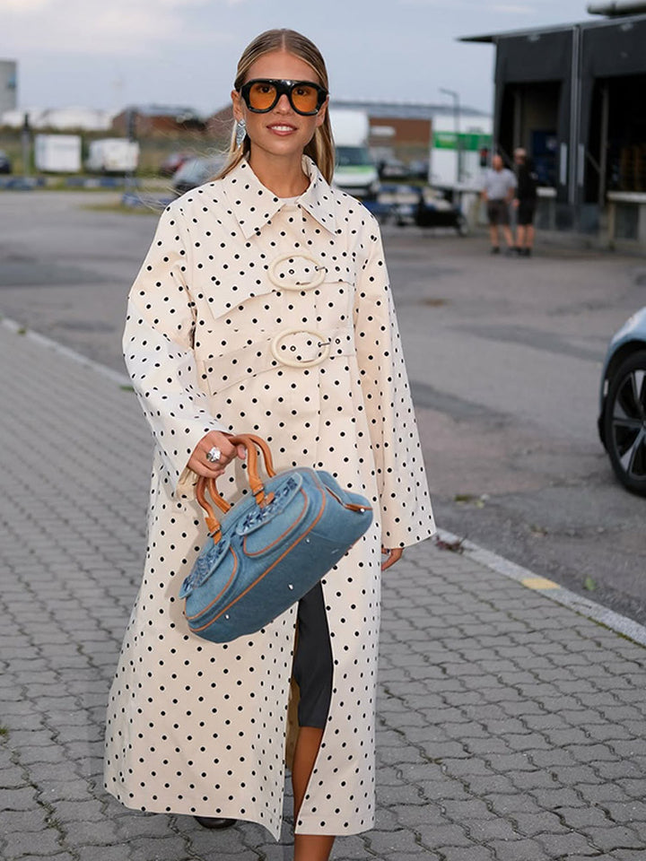 Women's long cut polka dot trench coat with oversized embellishments and boxy cut Mune Fashion