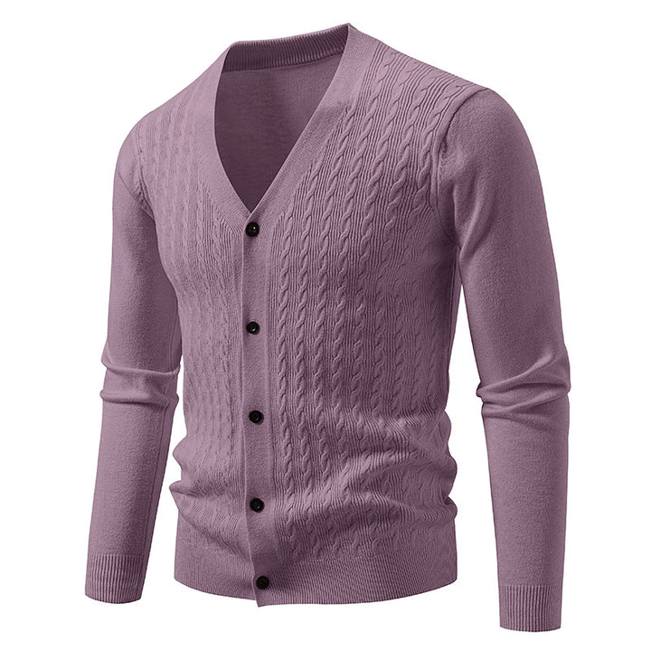 Men's fine knit cardigan with cable pattern, V-neck and button placket Mune Fashion