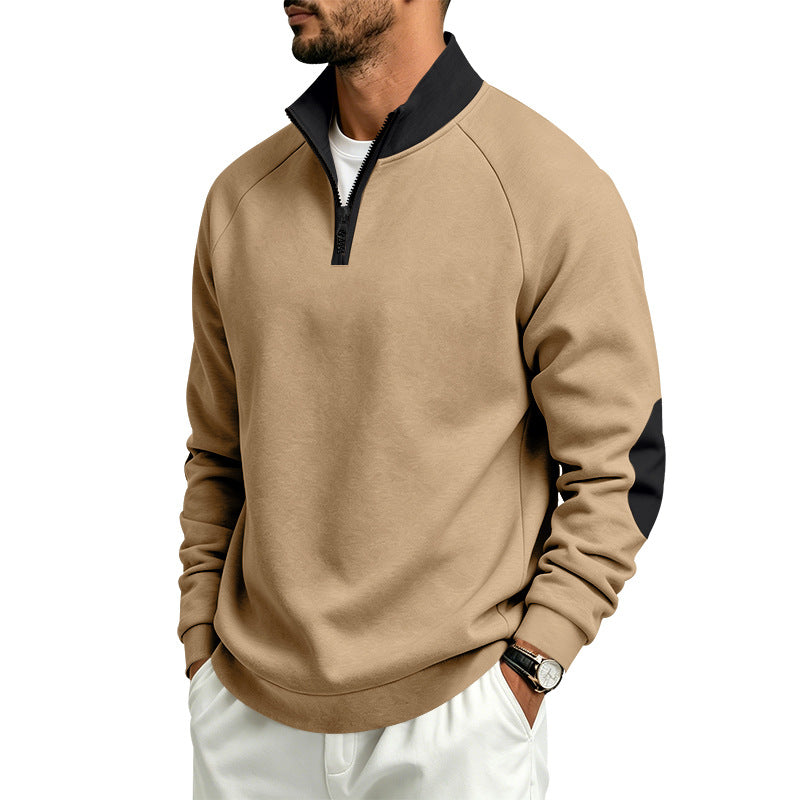 Men's Half-Zip Pullover with Stand Collar and Elbow Patches Mune Fashion