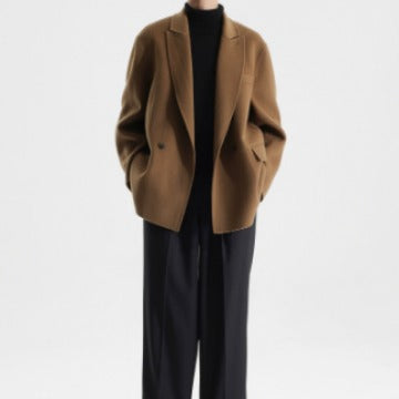 Men's Boxy Wool Blend Short Coat with Double Button and Notched Lapel Mune Fashion