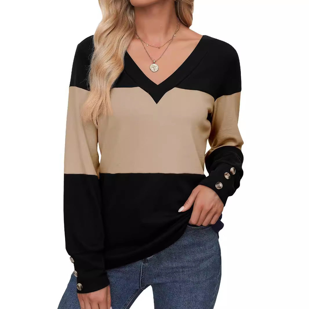 Women Colorblock V-Neck Fine Knit Sweater with Decorative Cufflinks Mune Fashion